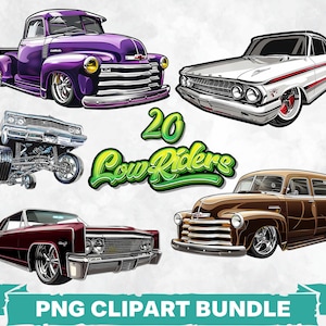 Pacote de clipart PNG de carros lowrider, gráficos para impressão de veículos antigos, designs de adesivos automotivos retrô, modelo de exposição de carros, arte de carros urbanos