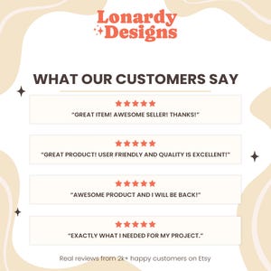 May include: A promotional graphic with the Lonardy Designs logo at the top. The text "WHAT OUR CUSTOMERS SAY" is displayed above four customer reviews, each with five-star ratings. The bottom of the graphic reads "Real reviews from 2k+ happy customers on Etsy."