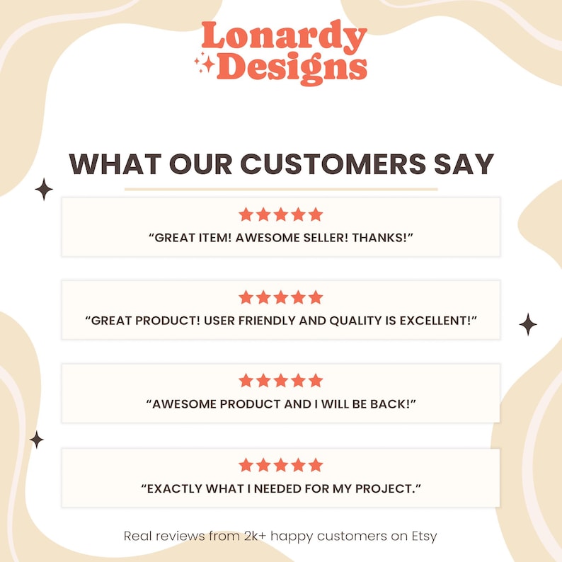 May include: A promotional graphic with the Lonardy Designs logo at the top. The text "WHAT OUR CUSTOMERS SAY" is displayed above four customer reviews, each with five-star ratings. The bottom of the graphic reads "Real reviews from 2k+ happy customers on Etsy."