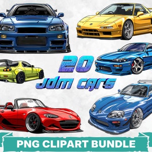 JDMカーPNGクリップアートバンドル、日本のチューナーカー昇華デザイン、ドリフトカークリップアート、改造輸入車アート、デジタルダウンロードパック
