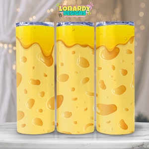 May include: Three stainless steel tumblers with a yellow and white cheese design. The tumblers have a dripping cheese effect at the top.