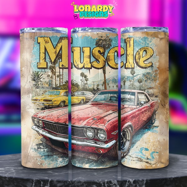 Classic Muscle Car Tumbler Wrap PNG Vintage Vehicle Sublimation Design Retro Automotive 20oz Tumbler Art Aged Poster Artwork Nostalgic Print