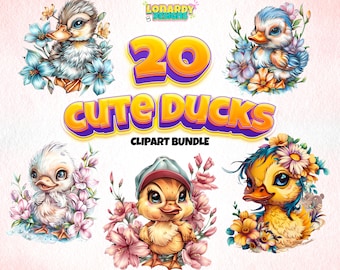 Cute Ducks With Flowers Clipart Bundle PNG Ducklings Printable Nursery Wall Art Baby Shower Invitation Farm Animal Set Easter Greeting Card