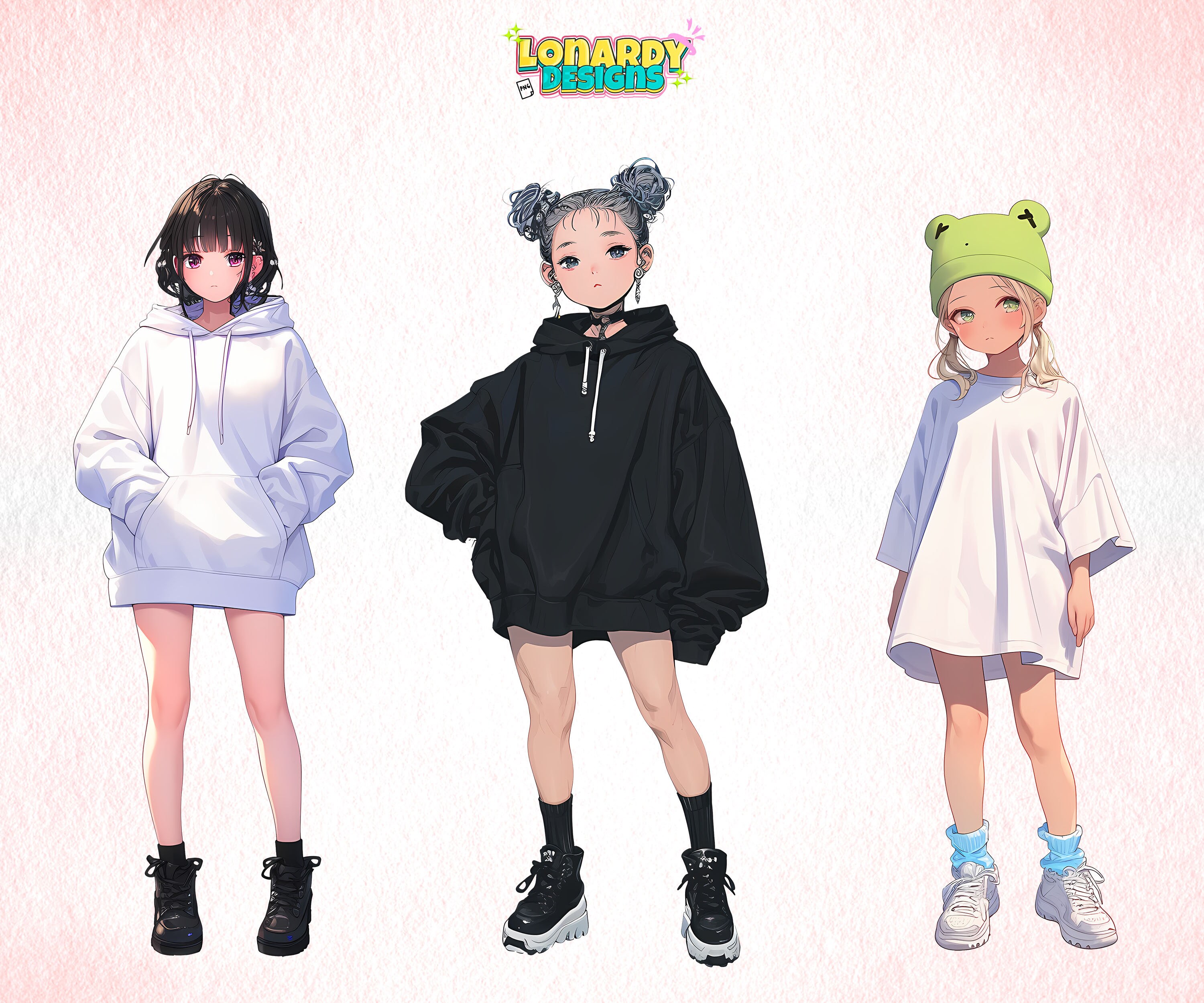 Cute Anime Girls Clipart Bundle PNG Fashionable Anime Characters Set ...