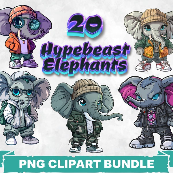 Hypebeast Elephants PNG Clipart Bundle Streetwear Sublimation Design Urban Animal Graphics Graffiti Style Printable Hipster Art Hip Hop