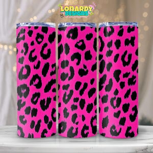 May include: Three stainless steel tumblers with a pink and black leopard print design.