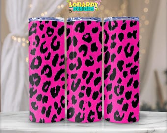May include: Three stainless steel tumblers with a pink and black leopard print design.