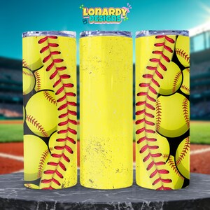 May include: Three yellow and red softball-themed stainless steel tumblers. The tumblers have a white background with a yellow softball pattern and red stitching.