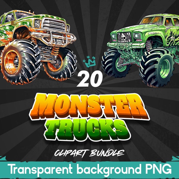 Monster Trucks Clipart Bundle: 20 PNG Images - Adrenaline-Packed Graphics for DIY Projects, Printable Custom Vehicles Decal, Commercial Use