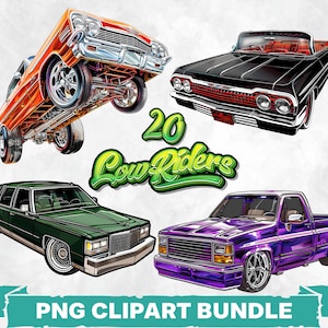 Bundle de cliparts PNG voitures lowrider, graphiques imprimables véhicules vintage, modèles d'autocollants automobiles rétro, modèle de salon de l'auto, art de voitures urbaines