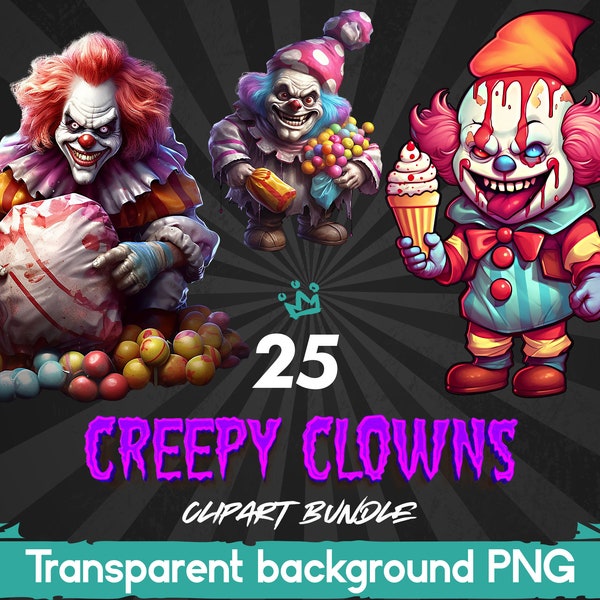 Creepy Clown Clipart Bundle Png, Spooky Clowns Sublimation Design, Chibi Zombie Clown Printable Image, Horror Character Print, Art Download