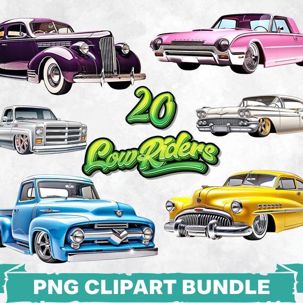 Lowrider Car PNG Clipart Bundle, Classic Muscle Car Sublimation Design, Low Rider Decal Art, Popular Retro American Vehicles Printable Image