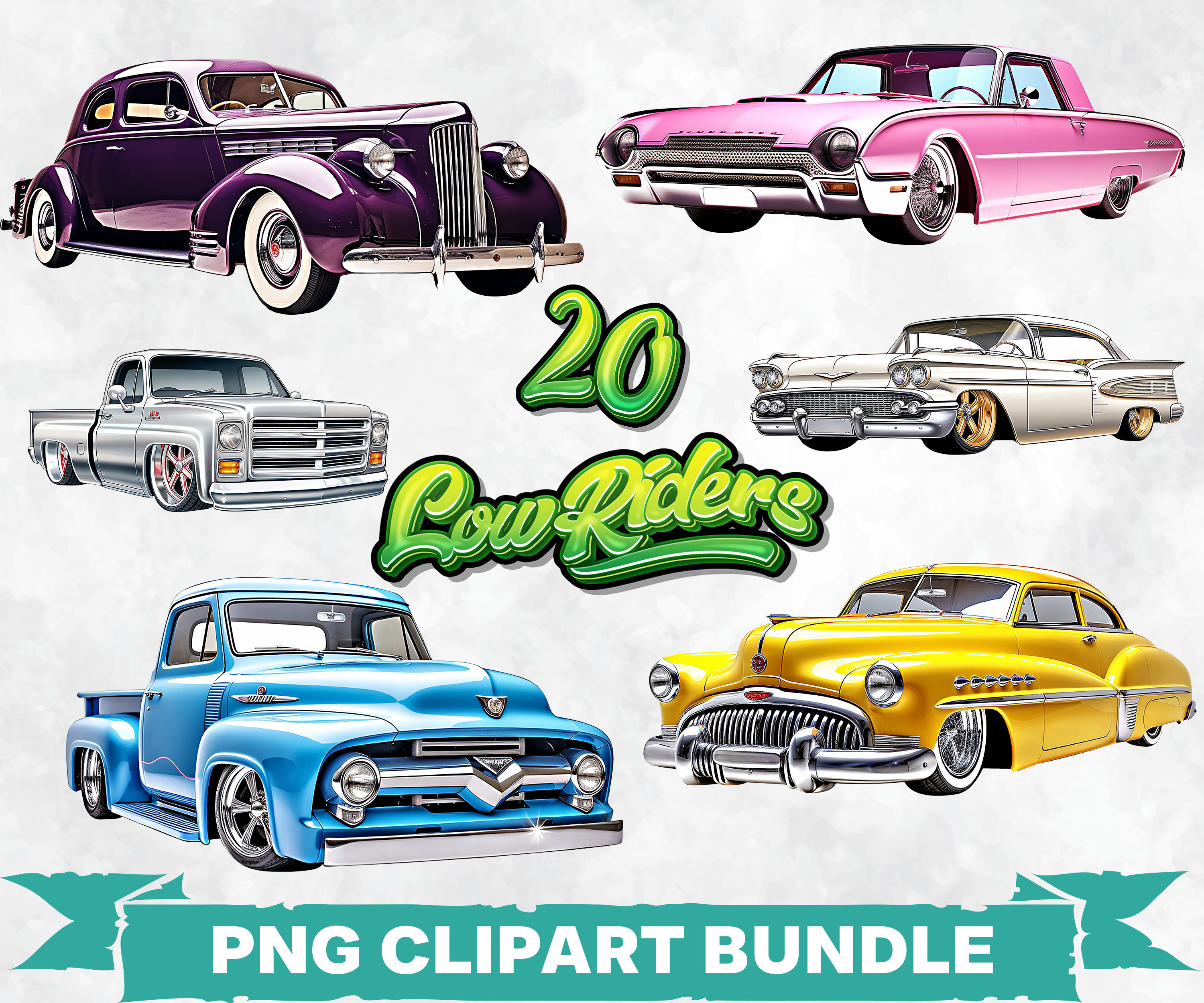 Lowrider Car PNG Clipart Bundle, Classic Muscle Car Sublimation Design ...