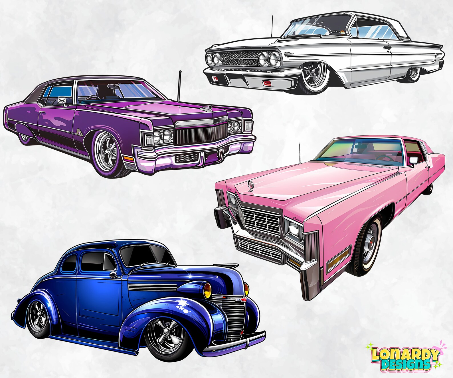 Lowrider Cars PNG Clipart Bundle, Vintage Vehicles Printable Graphics ...