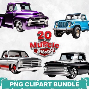 American Muscle Pickup Truck PNG Clipart Bundle, Stampa di auto muscolose d'epoca, Design di sublimazione di Lowrider retrò, Decalcomania artistica di auto d'epoca iconiche