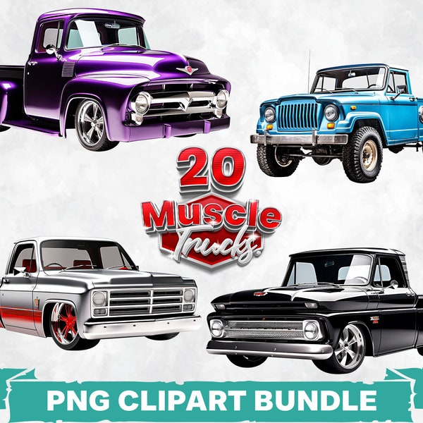 American Muscle Pickup Truck PNG Clipart Bundle, Vintage Muscle Car Print, Retro Lowrider Sublimation Design, Iconic Classic Car Decal Art