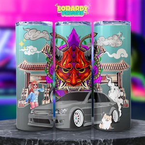 JDM Car Tumbler Wrap PNG, Japanese Oni Mask Sublimation, Anime Girl 20oz Skinny, Drift Racing Streetwear Art, Shiba Inu Cup Graphic