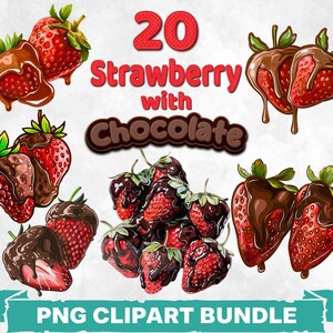 Délicieuses fraises avec chocolat Clipart Bundle, aliments sucrés PNG Graphics, décoration de cuisine imprimable, délicieux petits fruits Art, usage Commercial