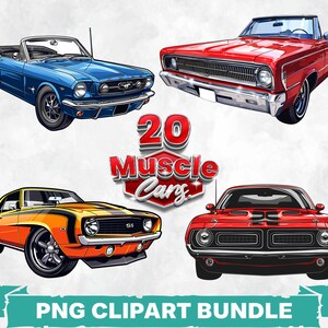 レトロマッスルカー PNG クリップアート バンドル アメリカンクラシックカー 昇華グラフィックコレクション ヴィンテージ車両 プリント オールドスクール自動車アート