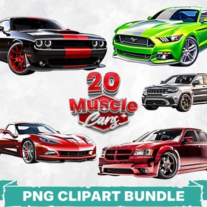 Amerikanisches Muskel-Auto PNG Clipart-Bundle, kultiges Sportwagenbild, beliebte Rennwagenkunst, moderne Muskelauto-Abziehbild, Muskelauto-Illustration