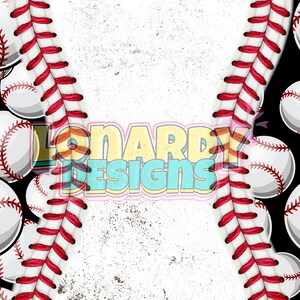 May include: A black background with white baseballs with red stitching. The baseballs are arranged in a pattern. The background is split in half with a white background on the right side and a red and white baseball stitch pattern on the left side. The text "Lonardy Designs" is in the center of the image.
