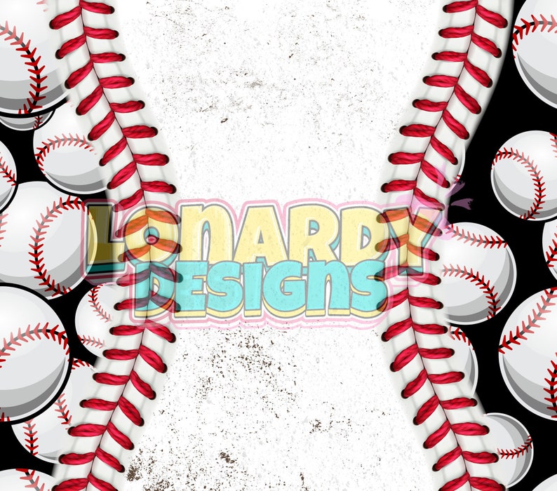 May include: A black background with white baseballs with red stitching. The baseballs are arranged in a pattern. The background is split in half with a white background on the right side and a red and white baseball stitch pattern on the left side. The text "Lonardy Designs" is in the center of the image.