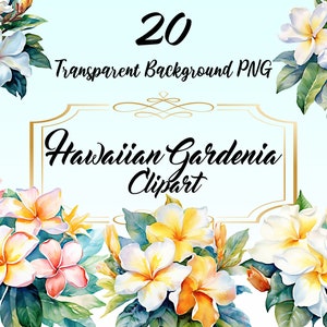 Pacchetto Clipart di fiori di gardenia hawaiana PNG, Immagine digitale stampabile di fiori di gardenia, Modello di stampa di invito di nozze, Download immediato