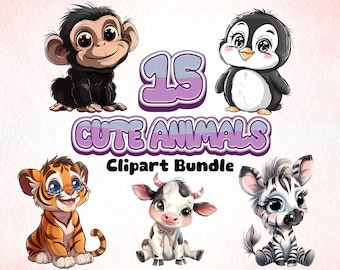 Cute Animals Clipart Bundle PNG Kids Animal Clipart Pack Cartoon Wildlife Set Baby Shower Clipart Nursery Wall Decor Classroom Decoration