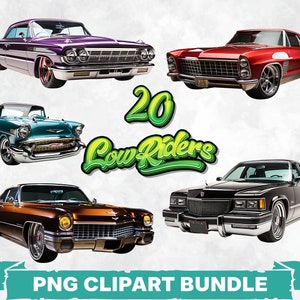 Paquete de imágenes prediseñadas de coches lowrider, vehículos vintage, gráficos imprimibles, diseños de pegatinas retro, plantillas para exhibiciones de autos, impresión artística de coches urbanos