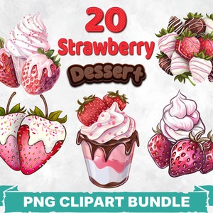 Bundle de cliparts délicieux dessert aux fraises, gâterie sucrée, graphiques PNG, illustrations de menus de desserts, décoration de cuisine, dessins d'art mural de boulangerie