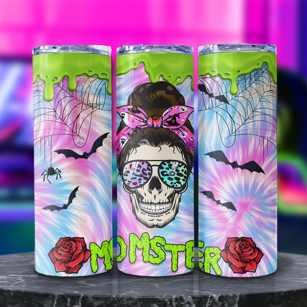 Momster Tumbler Wrap PNG Halloween Mom Skull Sublimation Design Art Zombie Mama Print Messy Bun Mother 20oz Tumbler Wrap Funny Mom Gift