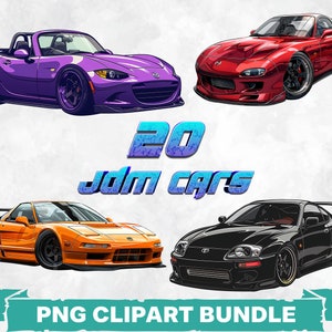 JDMドリフトカーPNGクリップアートバンドル、日本輸入車グラフィック、昇華転写用チューナーカーデカール、改造車アートパック