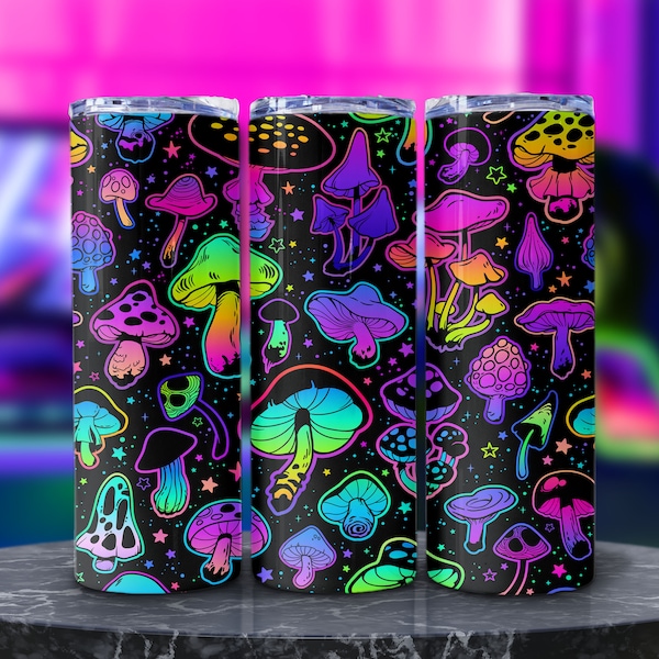 Magic Mushrooms Tumbler Wrap Sublimation, Seamless Trippy Mushroom Png, Neon Digital Pattern, Trippy Picture, Psychedelic Hippie Art Print