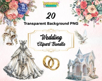Wedding Clipart Bundle PNG Bridal Shower Printable Engagement Party Invitation Wedding Elements Save-the-Date Graphics Bride and Groom Art