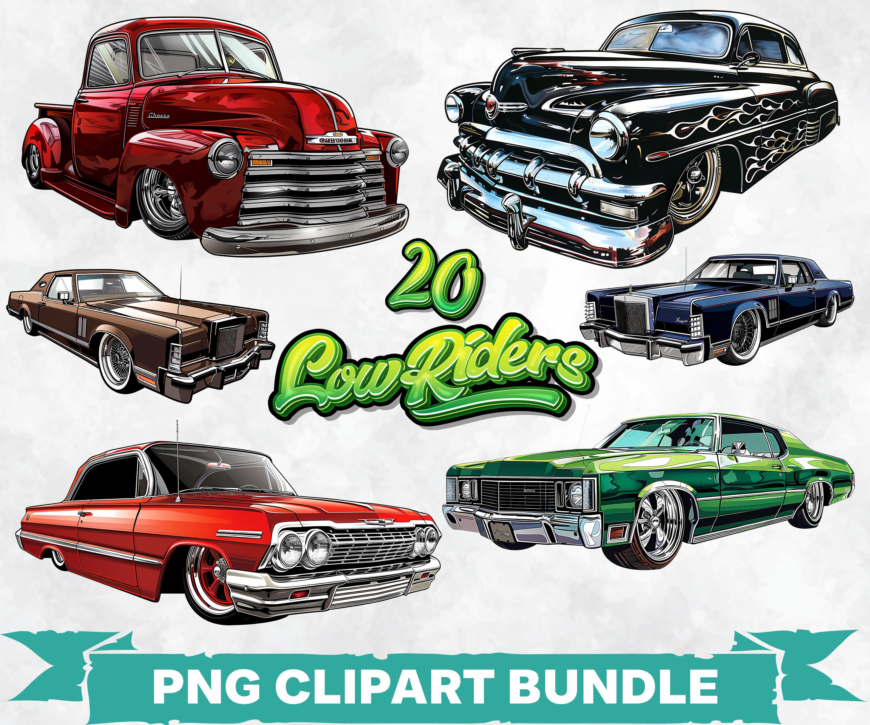 Lowrider Cars PNG Clipart Bundle, Vintage Vehicles Printable