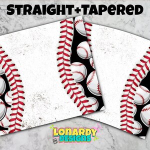 May include: Three printable sheets with a baseball theme. The sheets feature a black background with white baseballs and red stitching. The text "STRAIGHT+TAPERED" is at the top of the image.