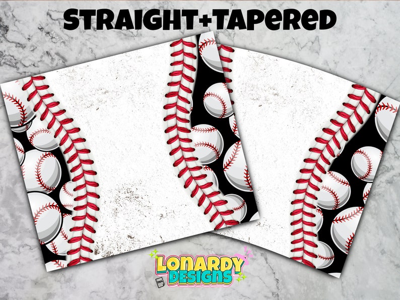 May include: Three printable sheets with a baseball theme. The sheets feature a black background with white baseballs and red stitching. The text "STRAIGHT+TAPERED" is at the top of the image.