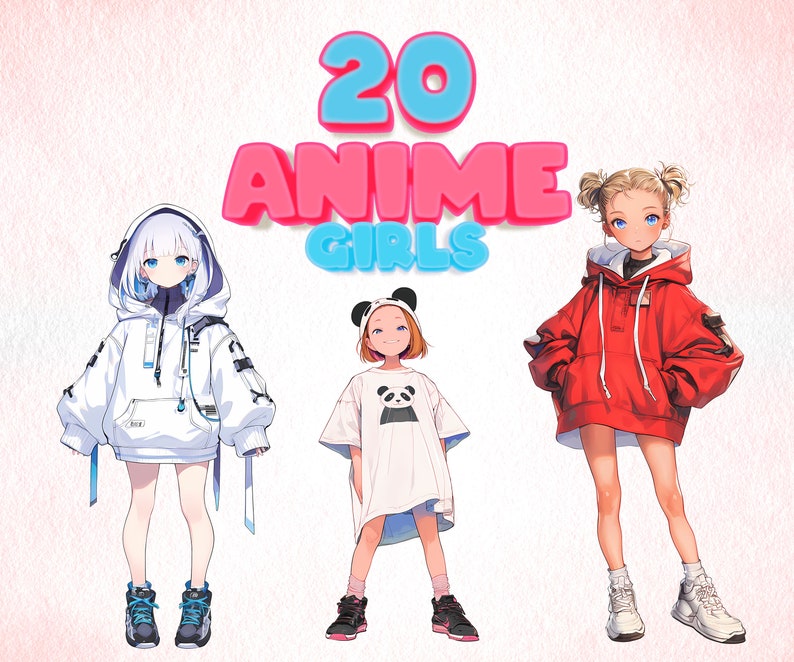 Cute Anime Girls Clipart Bundle PNG Fashionable Anime Characters Set ...