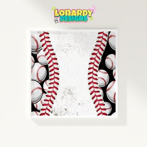 May include: A white baseball graphic with red stitching. The graphic is surrounded by a black background with white baseballs.