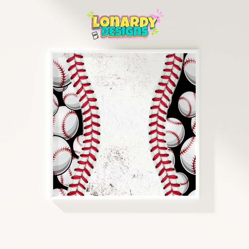 May include: A white baseball graphic with red stitching. The graphic is surrounded by a black background with white baseballs.