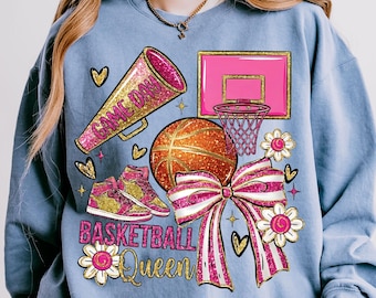 Basketball Queen PNG, Coquette Game Day Sublimation, Glitter Pink Sports Design, Girly Basketball Shirt, Cheer Bow, Sporty Mom Gift