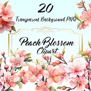 Acquerello Peach Blossom Clipart Bundle Png, Immagine digitale di fiori rosa, Immagine stampabile di fiori di pesco, Modello di invito di nozze Art