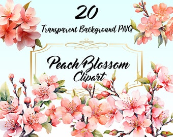 Watercolor Peach Blossom Clipart Bundle Png, Pink Flowers Digital Image, Peach Flower Printable Picture, Wedding Invitation Template Art