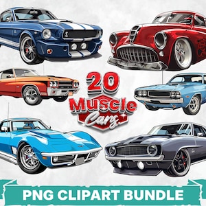 Muscle Car PNG Clipart Bundle, Classic American Car Sublimation, Retro Car Art PNG, Vintage Auto Clipart, Garage Decor Download