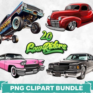 ローライダーカー PNG クリップアート バンドル、ビンテージ車の印刷可能なグラフィック、レトロな自動車ステッカー デザイン、カー ショー テンプレート、アーバン カー アート