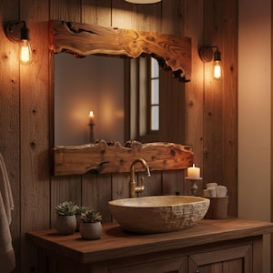 May include: Rustic bathroom with a wooden vanity, a stone-like sink, and a large mirror with a live edge wooden frame. Two wall sconces with Edison bulbs flank the mirror. The room has a warm, inviting ambiance.