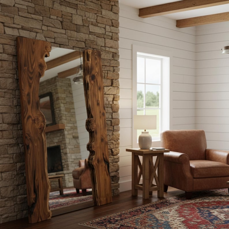 Rustic Natural Edge Full Length Mirror, Handmade Farmhouse Wood Decor ...