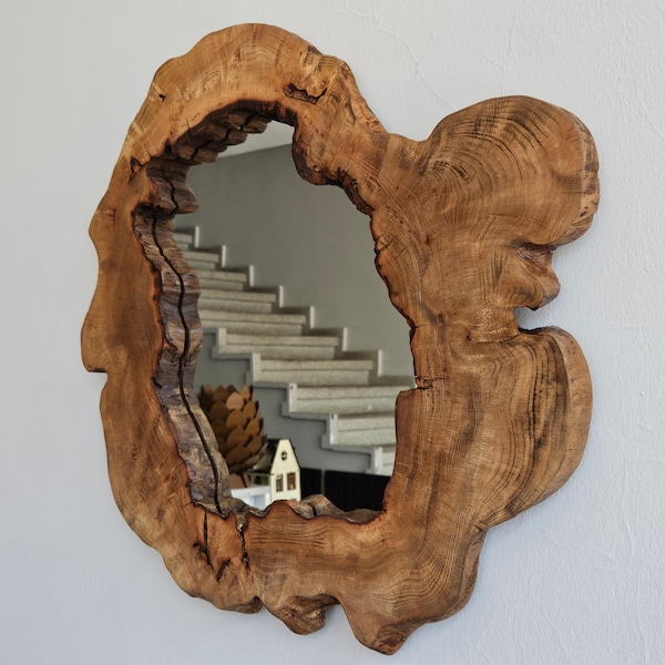 Handmade Live Edge Wood Mirror, Rustic Tree Slice Wall Decor