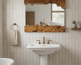 Rustic Bathroom Mirror, Wooden Framed Handmade Vanity Mirror, Unique Grained Farmhouse Decor