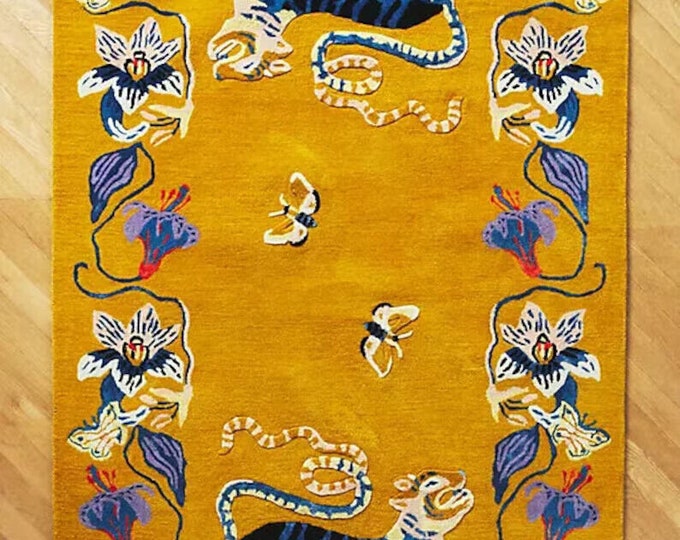 Dragon Design Handgemachter Teppich Traditioneller authentischer Drachenteppich in Gelbtönen Natürlicher handgetufteter Teppich Blumenmuster Tierteppiche Tigerteppich.